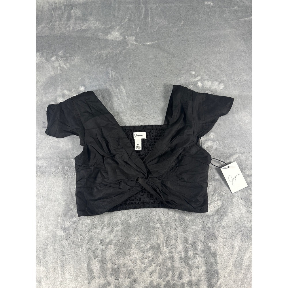 Japna Black Twist‎ Front Smocked Back Crop Top Short Sleeve V-Neck Rayon Medium
